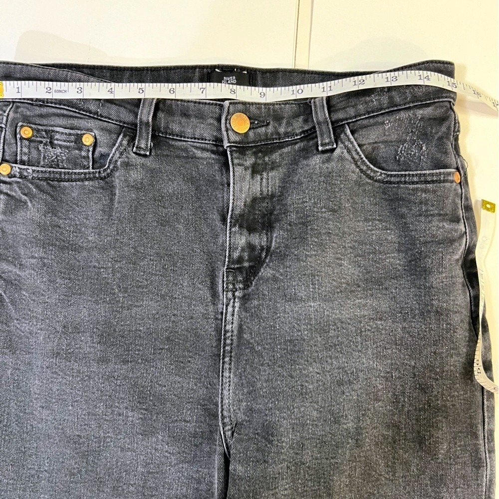 River Island Petite Black Wash High Rise Distressed Raw Hem Straight Leg Jeans - Picture 10 of 15